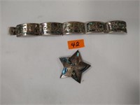 Sterling silver inlaid bracelet and pin arist sign