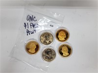 Five UNC Presidential Proof $1 Dollars