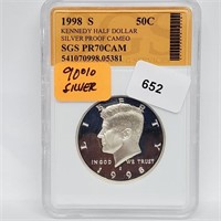 SGS 1998-S PR70DCAM 90% Silver JFK Half $1 Dollar