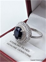 Sterl. Silver Genuine Sapphire & CZ Cocktail Ring