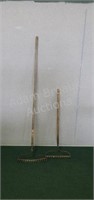 2 vintage wood handled bow rakes