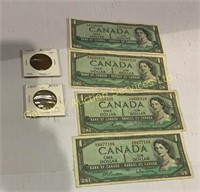 Canadian Dollars 1954 x 4 and 2 pennies 1921,1910