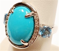 141 - STERLING SILVER TURQUOISE & BLUE TOPAZ RING