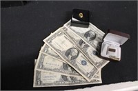 6 One dollar silver certificates & 2 10kt gold tie