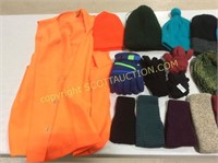 Lot stocking hats, ball caps, gloves, orange