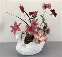 Large Pottery Swan w/Faux Flower Arrangement