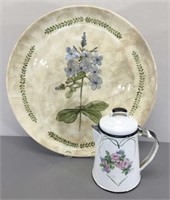 Small Enamel Coffee Pot & Ceramic Platter