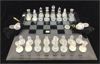 Glass Chess - Checkers Set w/Board -14"