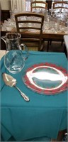 Poinsettia glass tray & hand blown glass pitcher