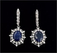 14k Gold 7.53cts Blue Sapphire & Diamond Earrings