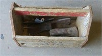 Vintage Wooden Toolbox with Axe Heads & More