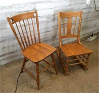 Pair of Wood Chairs - One Rocker