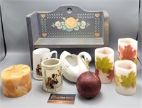 Assorted Candles, 1 Swan Vase, 1 Good Boy Mug,