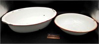 Pair of Red Rimmed Enamelware Bowls - Oval &