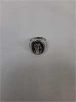 JESUS WITH CROSS  SILVER TONED RING SIZE 10