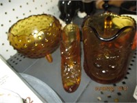 3 Amber Glass Pcs.-Shoe,Hobnail Bowl & Pitcher