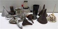 Lot of Kitchenware: Funnels, Nut Grinder, Utensils