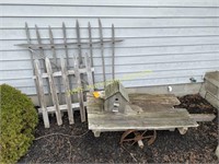 Steel Wheel Cart, Bird House, Wood Fence