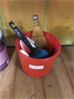 Red Bucket w/Assorted Brooms & Brushes