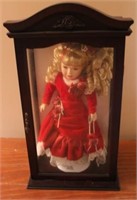 Porcelain Doll in wood Case - 11" x 21" x 7"