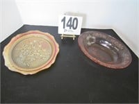 Carnival Glass Plate & Pink Glass Bowl