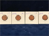 2005, 06, 07, 08 Canadian one cent pieces