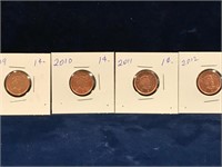 2009, 10, 11, 12 Canadian one cent pieces