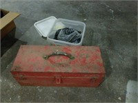RED TOOL BOX & BUCKET OF FENCE STAPLES