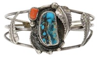 NATIVE AMERICAN TURQUOISE RED CORAL CUFF BRACELET