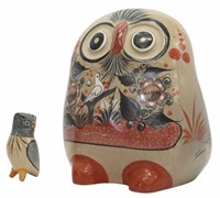 (2) MEXICAN TONALA FOLK ART POTTERY OWL FIGURES