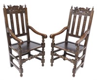 (2) ENGLISH CARVED OAK ARMCHAIRS