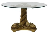 GLASS-TOP GILTWOOD DOLPHINS PEDESTAL TABLE