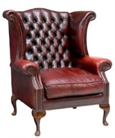 QUEEN ANNE STYLE TUFTED LEATHER WINGBACK ARMCHAIR