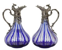 (2) MARTIN BENITO COBALT-CUT-TO-CLEAR GLASS EWERS