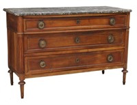 FRENCH LOUIS XVI STYLE MARBLE-TOP WALNUT COMMODE