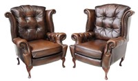 (2) QUEEN ANNE STYLE LEATHER WINGBACK ARMCHAIRS