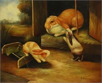 FRAMED B. VOUMAN RABBITS OIL ON CANVAS PAINTING