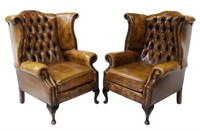 (2) QUEEN ANNE STYLE LEATHER WINGBACK ARMCHAIRS