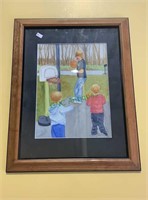 Framed watercolor of three boys playing