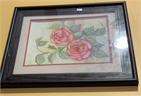 Framed original artwork of painted roses. Framed