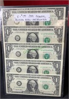 Currency - lot of five 1999 one dollar federal