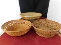 LARGE POTTERY BOWL AND (2) WOVEN BASKETS