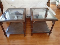 PAIR OF GLASS TOPPED WOOD END TABLES