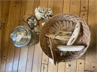Lot of Sea Shells, Lidded Jar, Basket, Wood, etc