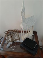 OLD BIBLES, BRASS BOOK STAND & WOOD CHURCH