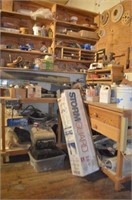 LARGE LOT - WORK TABLE, SHELF & CONTENTS,