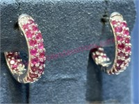 Sterling silver red stone hoop earrings