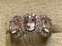 Sterling silver 3 pink stone ring sz 6