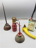 Vintage oil cans, antique can pourer and can of