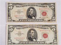 (2) 1963 Red Seal $5 Dollar Bills